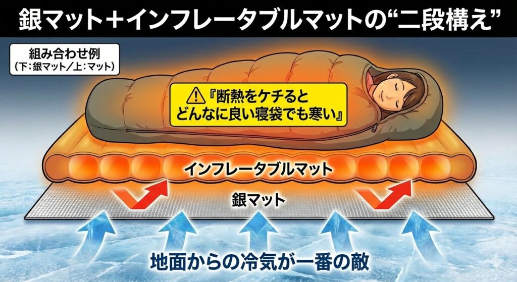 銀マット＋インフレータブルマットの二段構えの構造