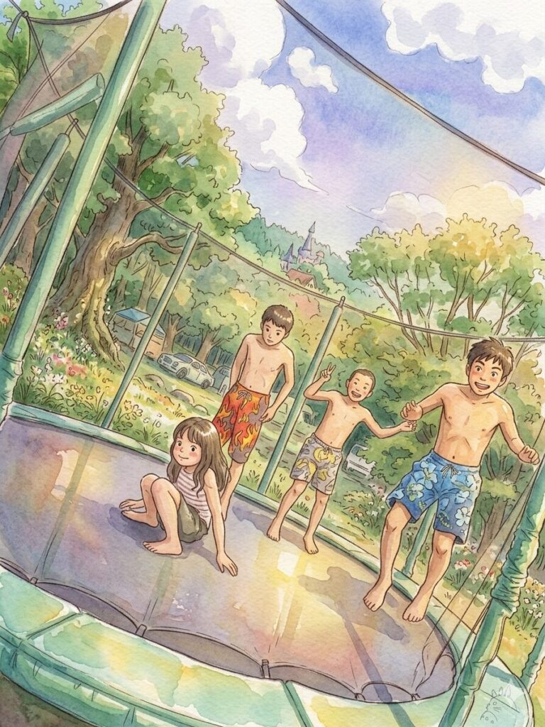 トランポリンで遊ぶ子供たち