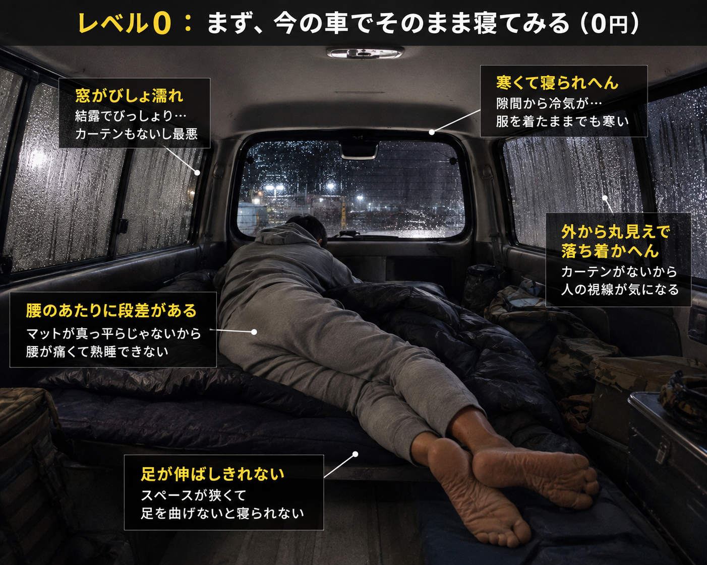 車中泊の練習。まずは自宅駐車場で車中泊してみる