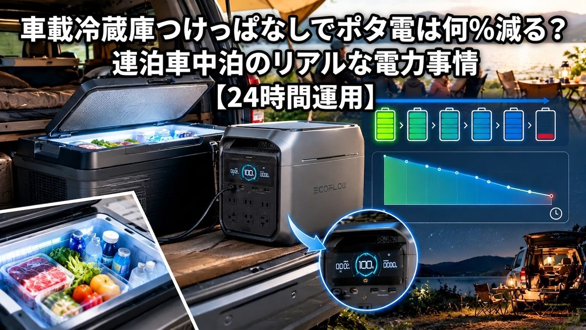 車載冷蔵庫つけっぱなしでポタ電は何%減る?連泊車中泊のリアルな電力事情【24時間運用】