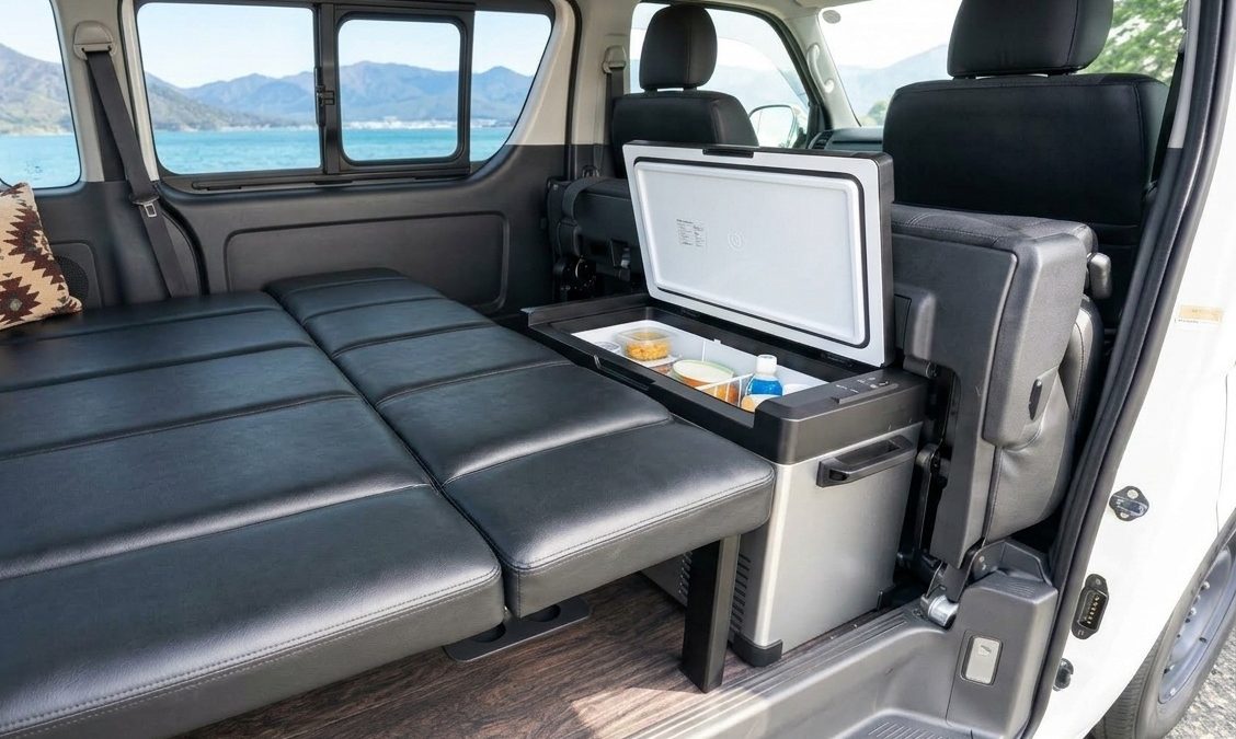 我が家での積み方ですが、K9-40Lの設置場所はハイエースのセカンドシートを跳ね上げたスペース。