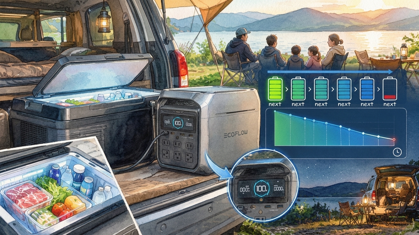 車載冷蔵庫つけっぱなしでポタ電は何%減る？連泊車中泊のリアルな電力事情【24時間運用】